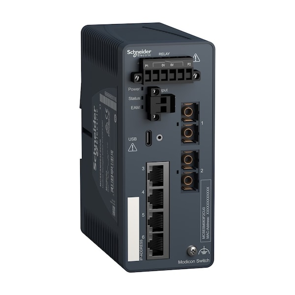 Schneider Electric Network switch, Modicon Networking, managed, 4 ports for copper with 2 port for fiber optic, multimode - MCSESM063F2CU0