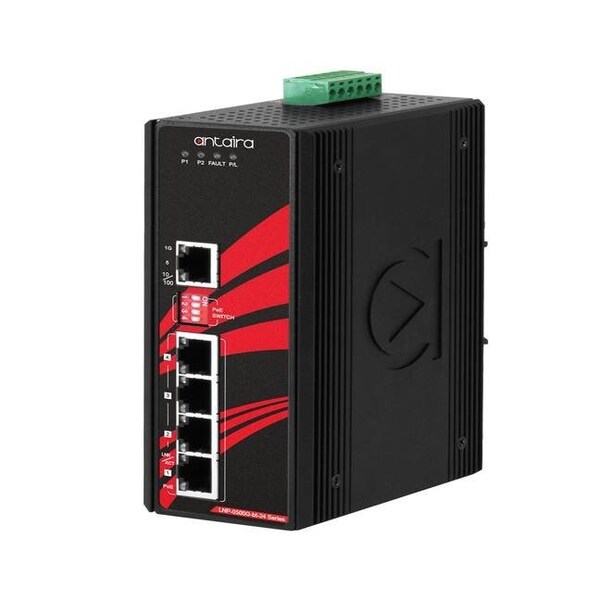 Antaira 5-Port Industrial Gigabit IEEE 802.3bt PoE+ Unmanaged Ethernet Switch, w/4-10/100/1000Tx 90W/Port - LNP-0500G-BT-24