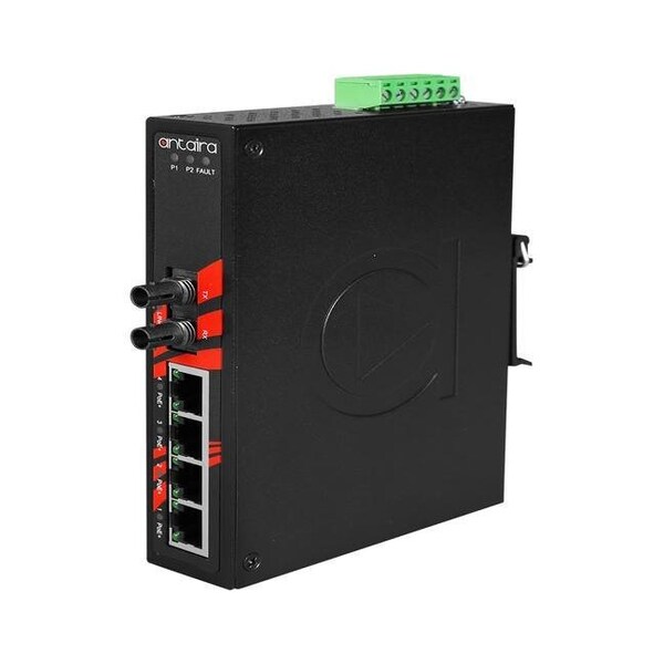 Antaira 5-Port Industrial PoE+ Unmanaged Ethernet Switch w/4-10/100TX *+ 1-100Fx Multi-mode 2Km - LNP-0501-ST-M-T