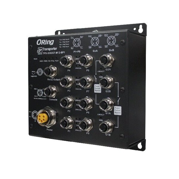 Oring Industrial Networking EN50155 IP40 8x 10/100TX M12 PoE 15.4Watts + 2x 10/100/1000TX M12 with HW - TPS-3082GT-M12-BP1
