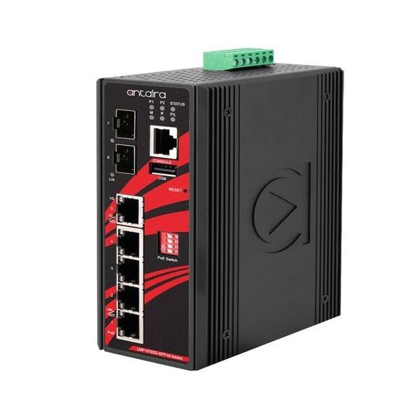Antaira 7-Port Industrial Gigabit IEEE 802.3bt PoE+ Light Layer 3 Managed Ethernet Switch - LMP-0702G-SFP-BT-T-V2
