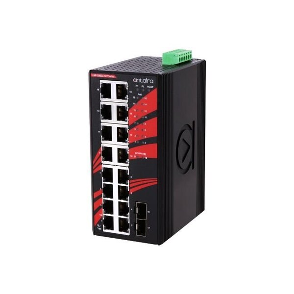 Antaira 18-Port Industrial PoE+ Gigabit Unmanaged Ethernet Switch, w/16-10/100/1000Tx *+ 2-100/100 - LNP-1802G-SFP