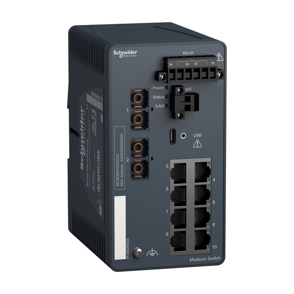 Schneider Electric Network switch, Modicon Networking, managed, 8 ports for copper with 2 ports for fiber optic, multimode - MCSESM103F2CU0