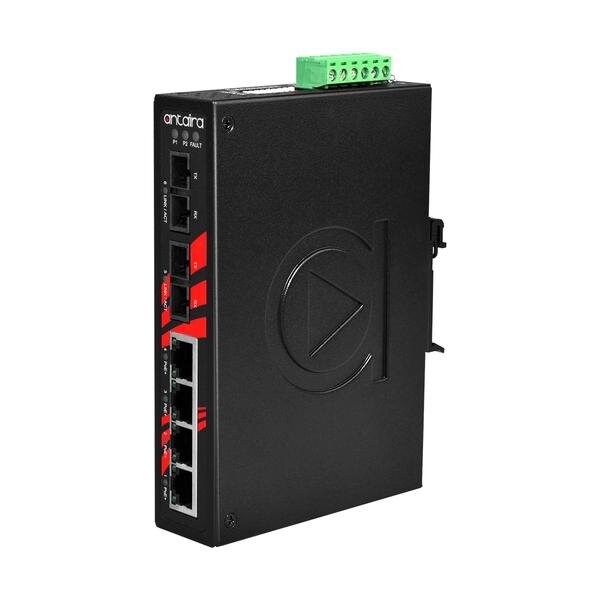 Antaira 6-Port Industrial PoE+ Unmanaged Ethernet Switch, w/4-10/100Tx *2-100Fx Single-mode 30Km - LNP-0602-S3-T