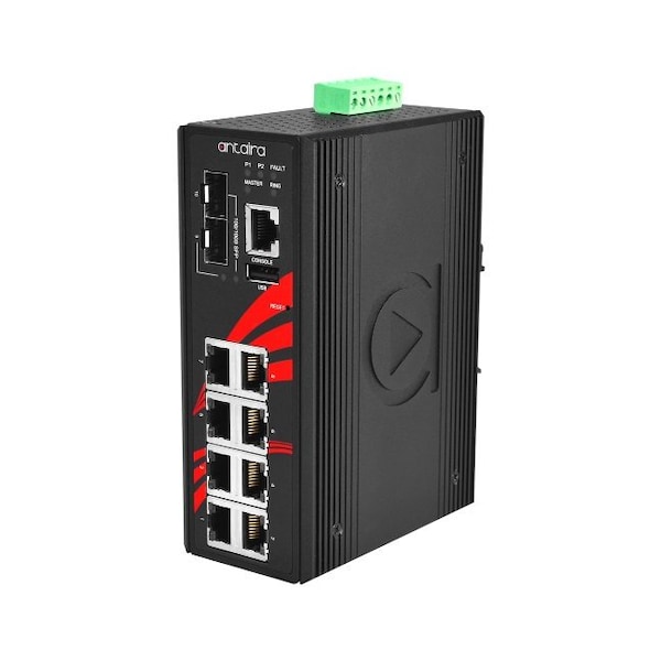Antaira 10-Port IndustriaL PoE+ Light Layer 3 Managed Ethernet Switch - LMP-1002G-SFP