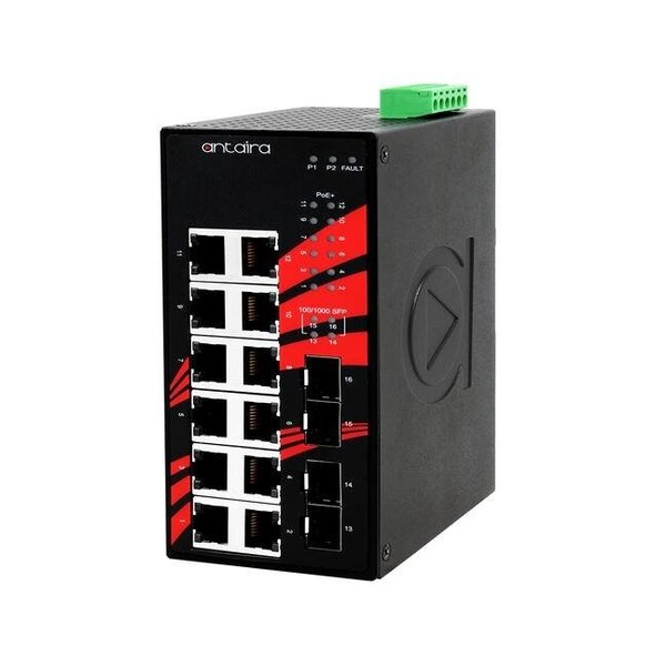 Antaira 16-Port Industrial Gigabit PoE+ Unmanaged Ethernet Switch - LNP-1604G-SFP-T