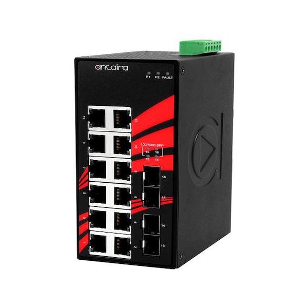 Antaira 16-Port Industrial Gigabit Unmanaged Ethernet Switch, w/12*10/100/1000Tx + 4*100/1000 SFP Slots; EOT - LNX-1604G-SFP-T