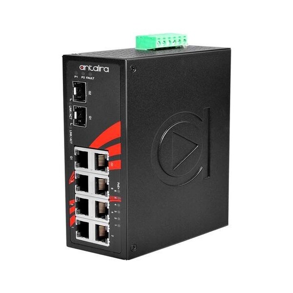 Antaira 8-Port Industrial PoE+ Unmanaged Ethernet Switch, w/6-10/100Tx *+ 2-Gigabit Combo Ports - LNP-0802C-SFP-24-T