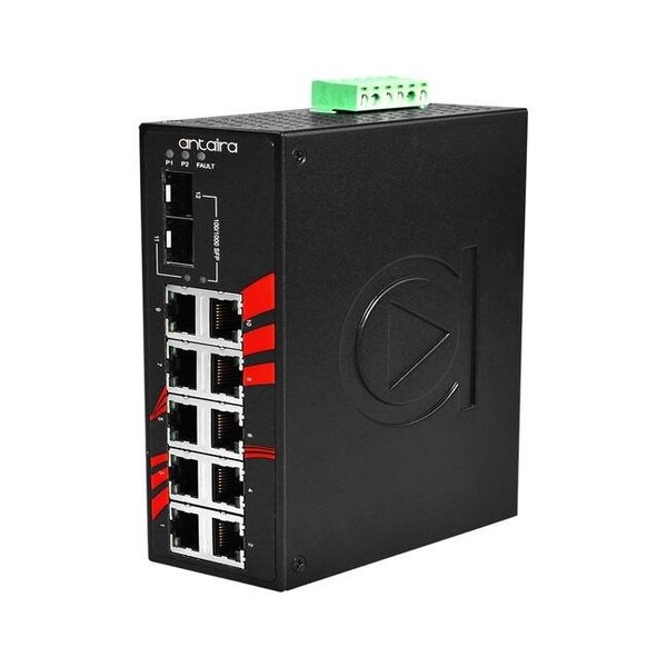 Antaira 12-Port Industrial Gigabit Unmanaged Ethernet Switch, w/10-10/100/1000Tx + 2-100/1000 SFP Slots; EOT - LNX-1202G-SFP-T