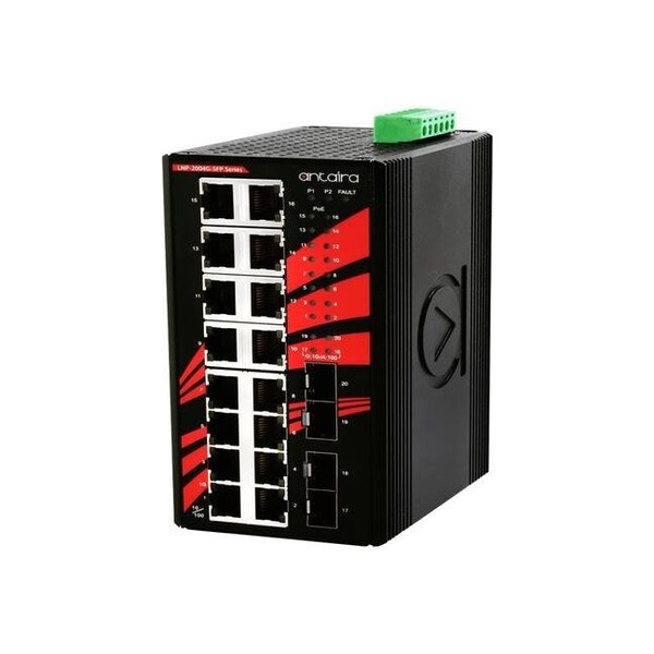 Antaira 20-Port Industrial PoE+ Gigabit Unmanaged Ethernet Switch - LNP-2004G-SFP-T