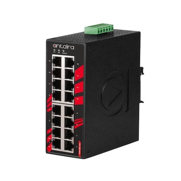 Antaira 16-Port Industrial Unmanaged Ethernet Switch, w/16-10/100Tx, EOT: -40 degree C  75 degree C - LNX-1600-T