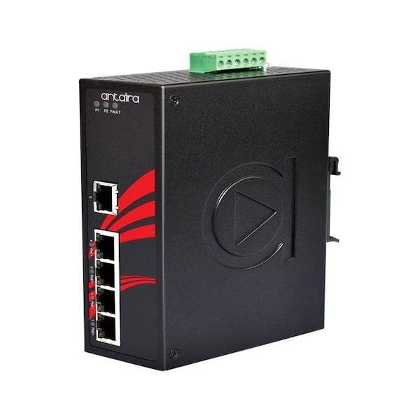 Antaira 5-Port Industrial PoE+ Unmanaged Ethernet Switch, w/4-10/100Tx ***+ 1-10/100Tx, 12~36VDC - LNP-0500-24-T