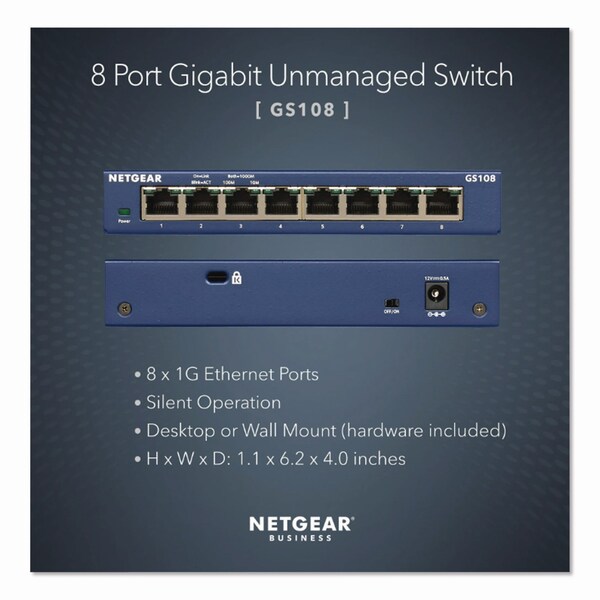 Netgear Unmanaged Gigabit Ethernet Switch, 16 Gbps Bandwidth, 192 KB Buffer, 8 Ports - GS108-400NAS
