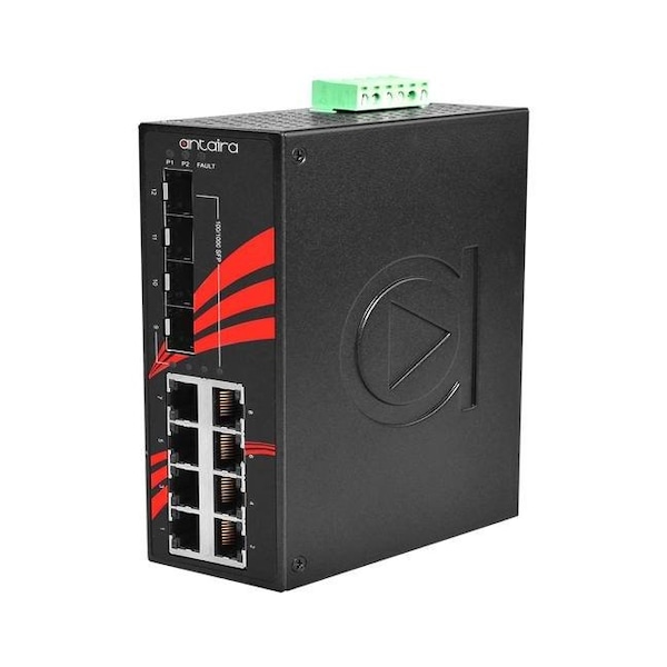 Antaira 12-Port Industrial Gigabit Unmanaged Ethernet Switch, w/8-10/100/1000Tx + 4-100/1000 SFP Slots; EOT - LNX-1204G-SFP-T