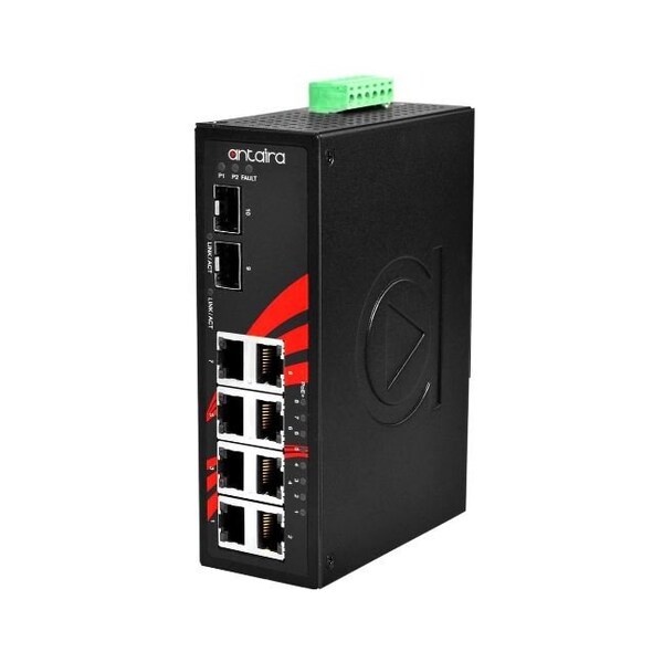 Antaira 10-Port Industrial PoE+ Unmanaged Ethernet Switch, w/8-10/100/1000Tx *+ 2-100/1000 SFP - LNP-1002G-SFP