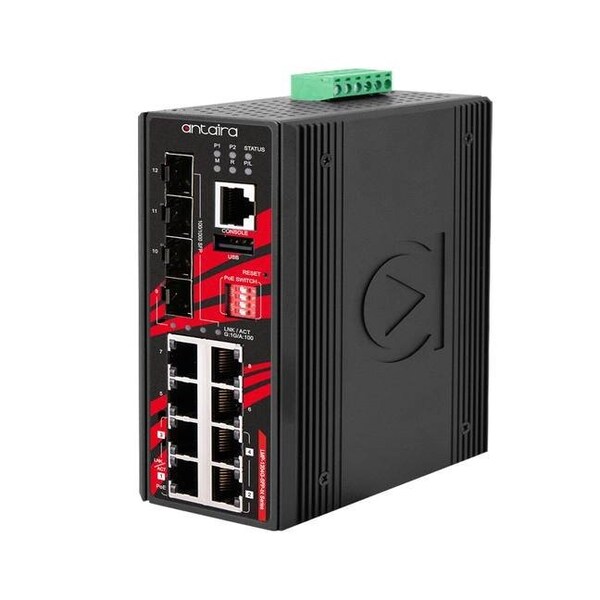 Antaira 12-Port Industrial Gigabit IEEE 802.3bt PoE+ Light Layer 3 Managed Ethernet Switch - LMP-1204G-SFP-BT-T