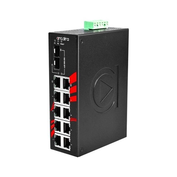 Antaira 10-Port Industrial Gigabit Unmanaged Ethernet Switch, w/8-10/100Tx + 2-Gigabit Combo - LNX-1002C-SFP