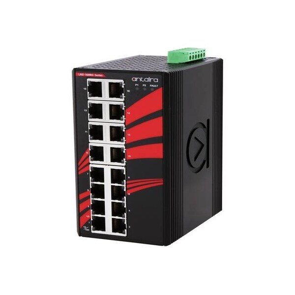 Antaira 16-Port Industrial Gigabit Unmanaged Ethernet Switch, w/16-10/100/1000Tx, EOT: -40 deg C  75 deg C - LNX-1600G-T