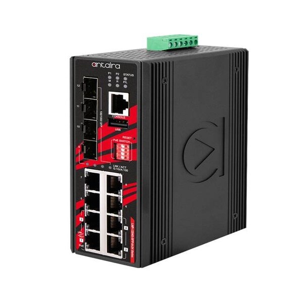 Antaira 12-Port Industrial Gigabit IEEE 802.3bt PoE+ Light Layer 3 Managed Ethernet Switch - LMP-1204G-SFP-BT-24