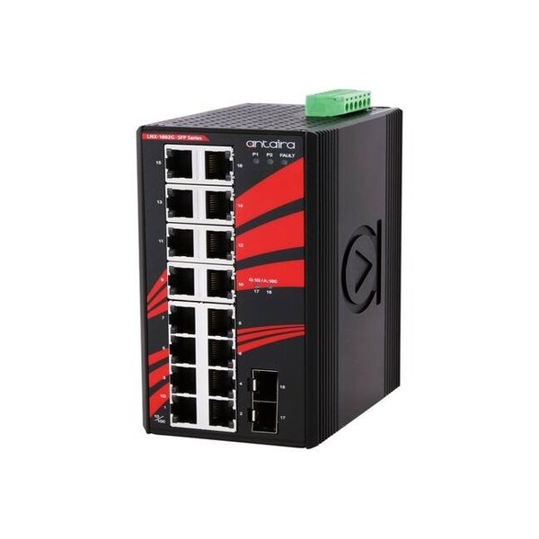 Antaira 18-Port Industrial Gigabit Unmanaged Ethernet Switch, w/16-10/100/1000Tx + 2-100/1000 SFP Slots; EOT - LNX-1802G-SFP-T