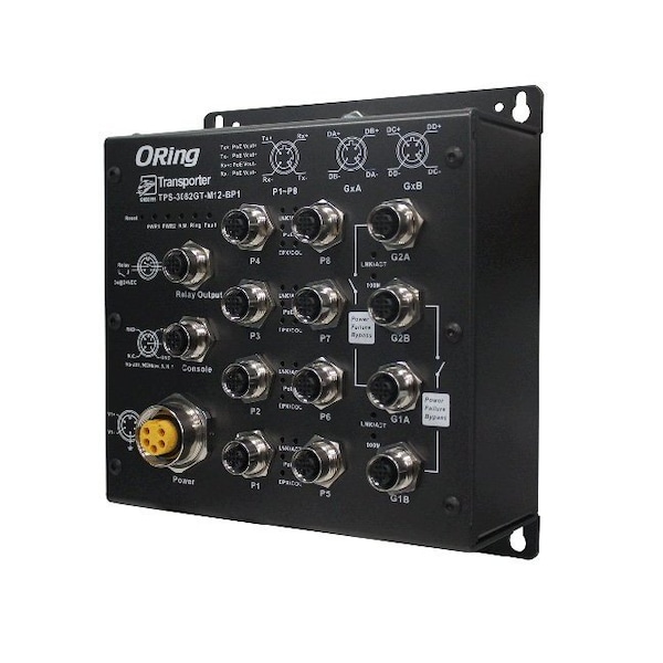 Oring Industrial Networking EN50155 IP40 8x 10/100TX M12 PoE 15.4Watts + 2x 10/100/1000TX M12 wit - TPS-3082GT-M12-BP1-24V