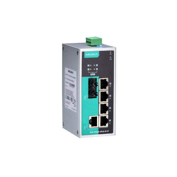 Moxa Unmgd Poe Eth. Swtch w/1 10/100Baset Ports, 4 Poe, Eds-P206A-4Poe-M-St-T - EDS-P206A-4POE-M-ST-T