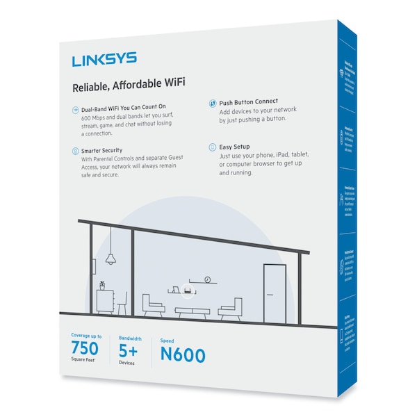 Linksys N600 Dual-Band Wireless Router, 5 Ports, 2.4 GHz/5 GHz - E2500-4B