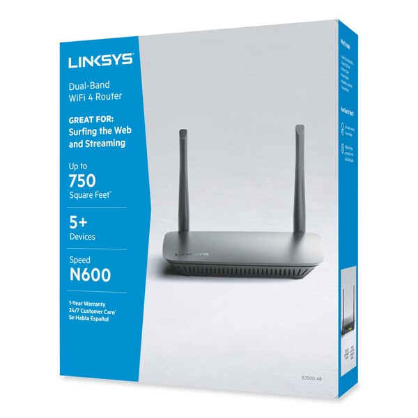 Linksys N600 Dual-Band Wireless Router, 5 Ports, 2.4 GHz/5 GHz - E2500-4B