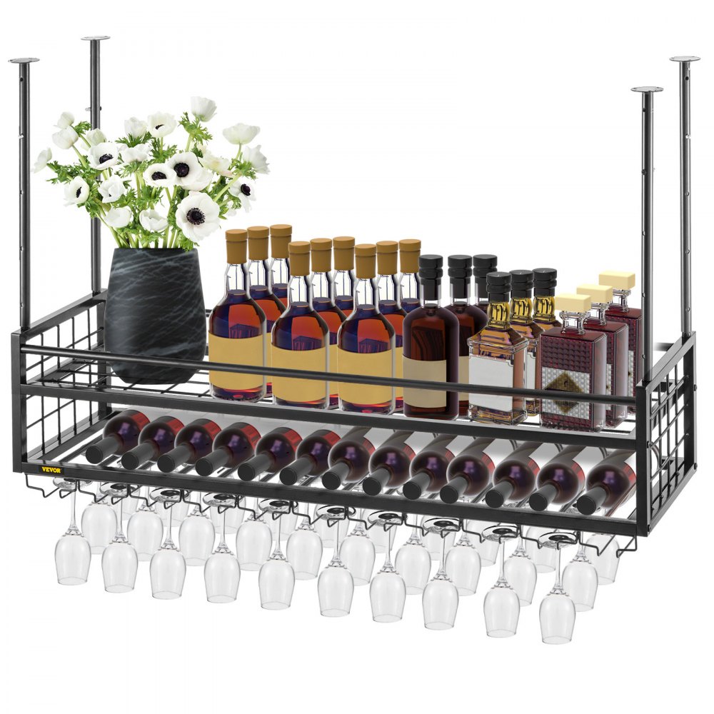 VEVOR Ceiling Wine Glass Rack, 46.9 x 11.8 inch Hanging Wine Glass Rack, 18.9-35.8 inch Height Adjustable Hanging Wine Rack Cabinet, Black Wall-Mounted Wine Glass Rack Perfect for Bar Cafe Kitchen - GYJS47.2X11.8ZYCCV0