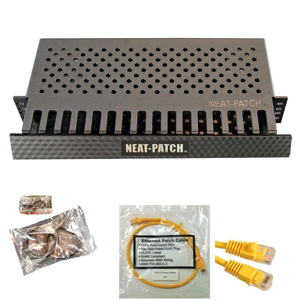 Electriduct Neat Patch 2U Cable Management Kit w/ 24 1ft CAT6 Cables - Yellow - NP2-1PK-24CAT6-YW
