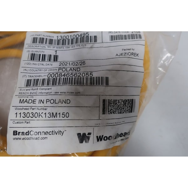 Cable de Cordset Woodhead de 15M Brad Harrison 113030K13M150 - 1300100495 113030K13M150