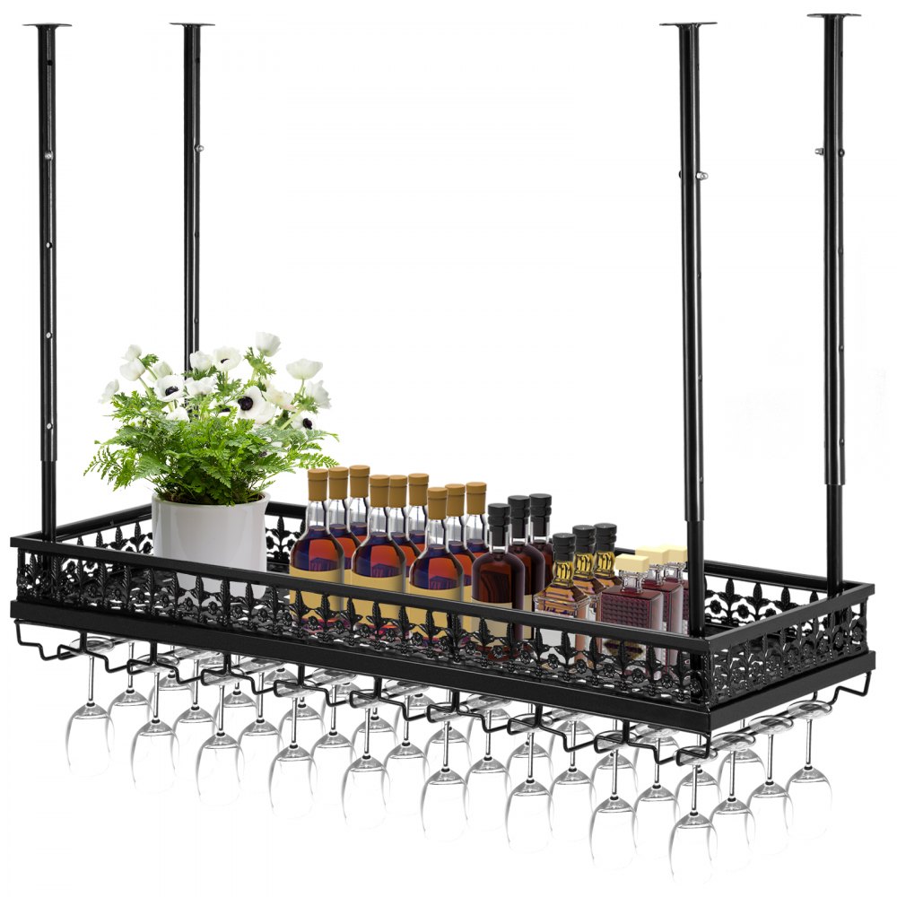 VEVOR Ceiling Wine Glass Rack, 35.8 x 13 inch Hanging Wine Glass Rack, 18.9-35.8 inch Height Adjustable Hanging Wine Rack Cabinet, Black Wall-Mounted Wine Glass Rack Perfect for Bar Cafe Kitchen - XGSJJHSB36X133Q89V0