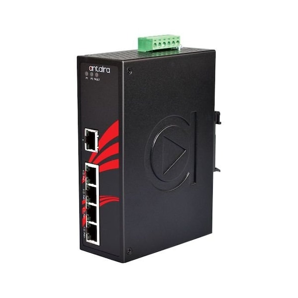 Antaira 5-Port Industrial PoE+ Unmanaged Ethernet Switch, w/4-10/100Tx *+ 1-10/100Tx, 1236VDC - LNP-0500-24
