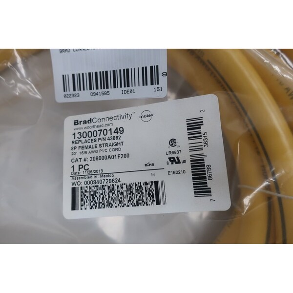 Brad Harrison 8P Female Straight 16/8 Awg Pvc Cord 20Ft Cordset Cable - 1300070149 208000A01F200

Conector Hembra Recto de 8 Pines de Brad Harrison, cable de PVC de calibre 16/8 de 20 pies - 1300070149 208000A01F200