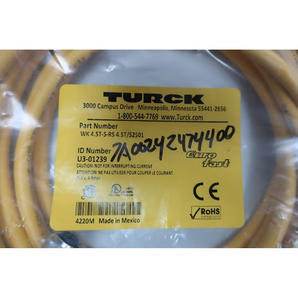 Cable de cordón Turck Euro Fast 5M 250VAc, WK45T5RS 45TS2501 - WK4.5T-5-RS 4.5T/S2501