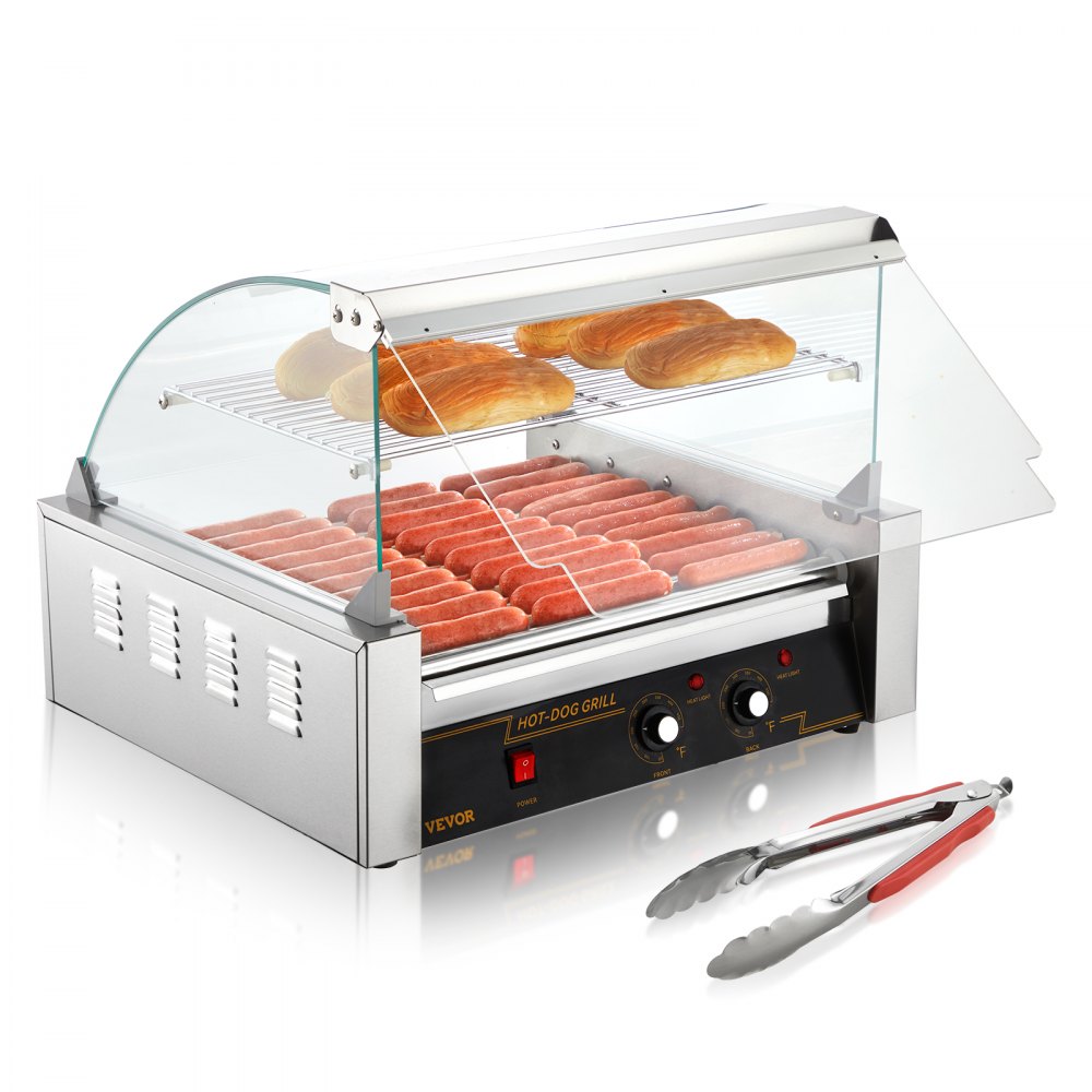 VEVOR Hot Dog Roller, 11 Rollers 30 Hot Dogs Capacity, 1650W Stainless Sausage Grill Cooker Machine with Dual Temp Control Glass Hood Acrylic Cover Bun Warmer Shelf Removable Drip Tray, ETL Certified - GDSKCJ111800W4V4JV1