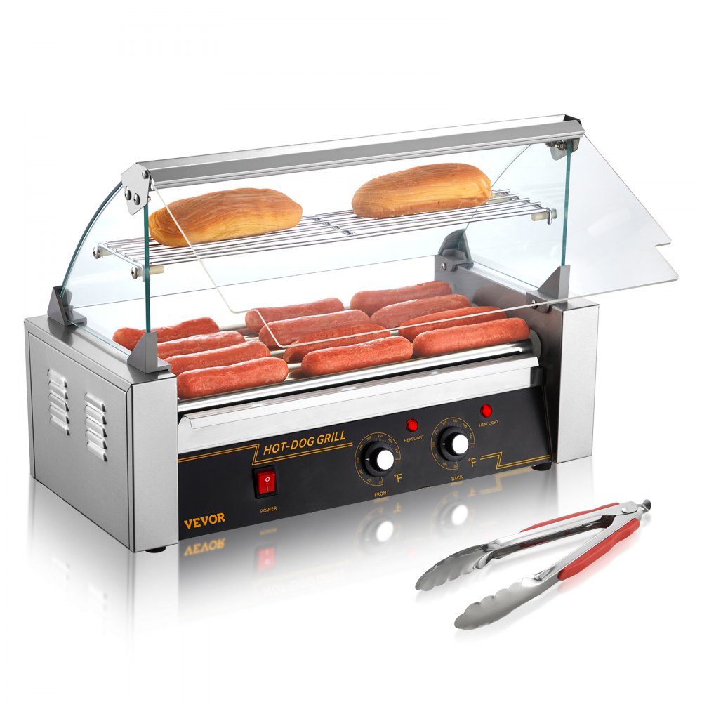 VEVOR Hot Dog Roller 5 Rollers 12 Hot Dogs Capacity, 750W Stainless Sausage Grill Cooker Machine with Dual Temp Control Glass Hood Acrylic Cover Bun Warmer Shelf Removable Oil Drip Tray ETL Certified - GDSKCJG51000WXLEYV1