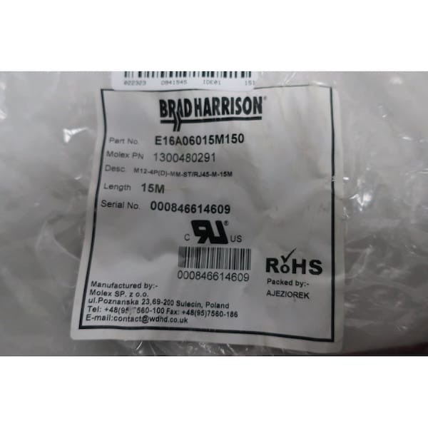 Cable de cordón de 15 metros Brad Harrison PVC - E16A06015M150 M12-4P(D)-MM-ST/RJ45-M-15M