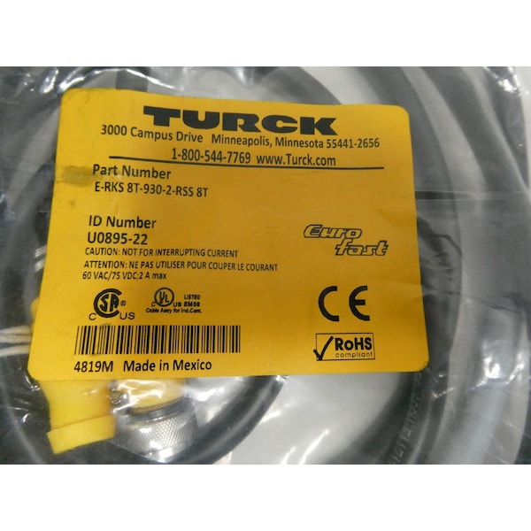 Conector hembra de doble extremo de Turck de 2M con cable de cordón de 60V-AC - E-RKS 8T-930-2-RSS 8T