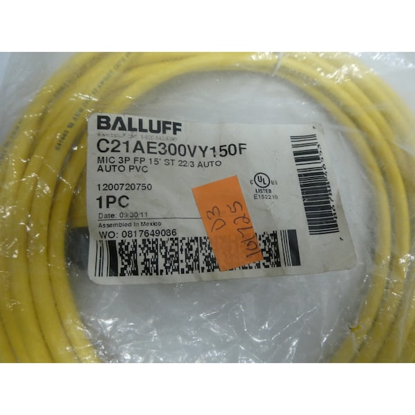 CONECTOR HEMBRA DE 3 PINES DE Balluff 15FT 300V-AC CORDSET - C21AE300VY150F
