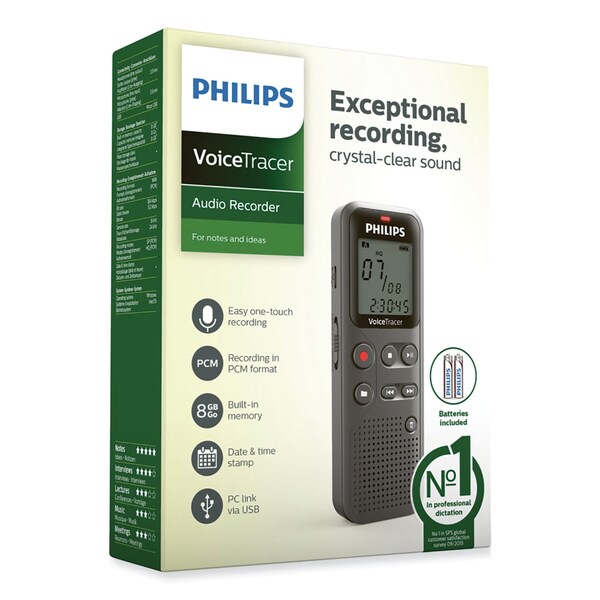 Philips Voice Tracer Digital Voice Recorder, 8 GB, Black - DVT1120