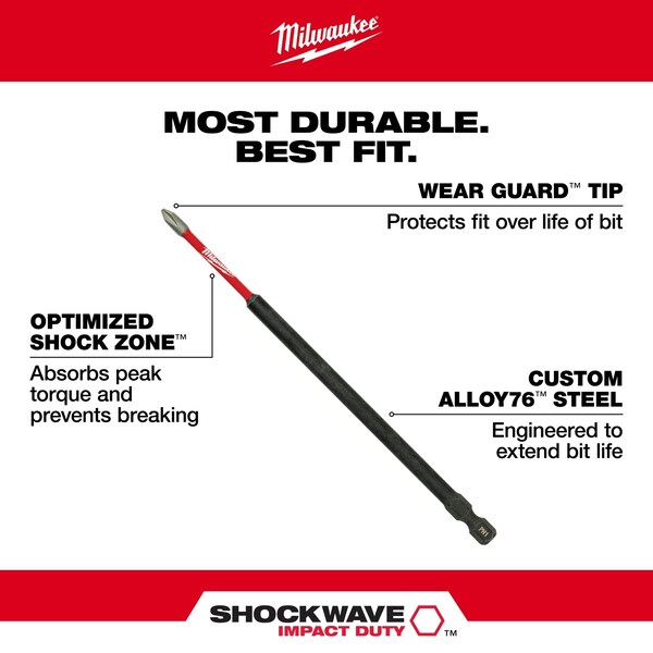 Milwaukee Tool SHOCKWAVE 6 in Phillips No. 2 Impact Duty Power Bit, 10-Piece Pack - 48-32-4207