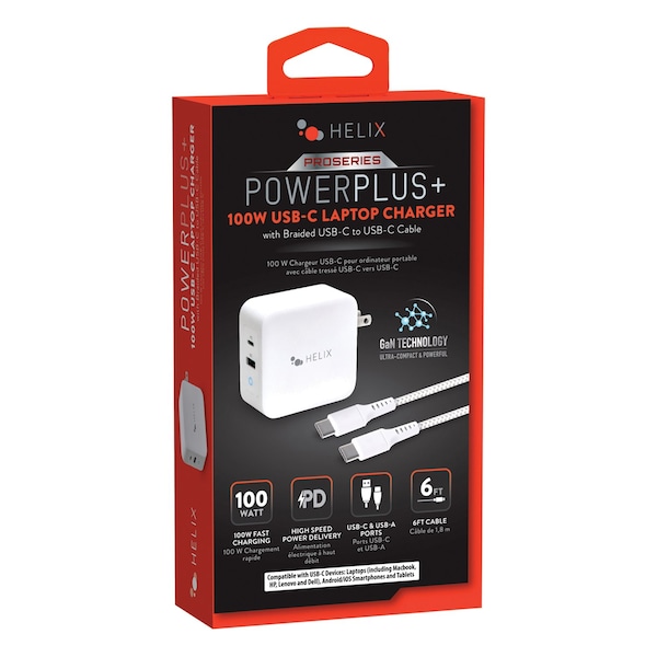 Helix Pro Series 100-Watt PD GaN USB-C Charger with 6ft Braided USB-C to USB-C Cable - ETHNBC100