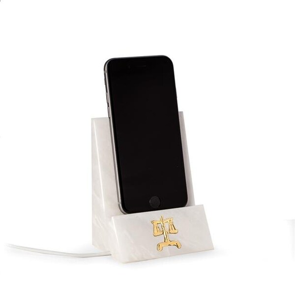 Bey Berk International Bey-Berk International D029L White Marble Desktop Phone & Tablet Cradle with a Legal Themed Pass-thru Hole for Charging Cable - D029L