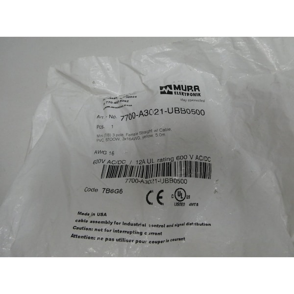 Sistema de conectores Murr Elektronik 5M 600V-Ac Cordset Cable - 7700-A3021-UBB0500