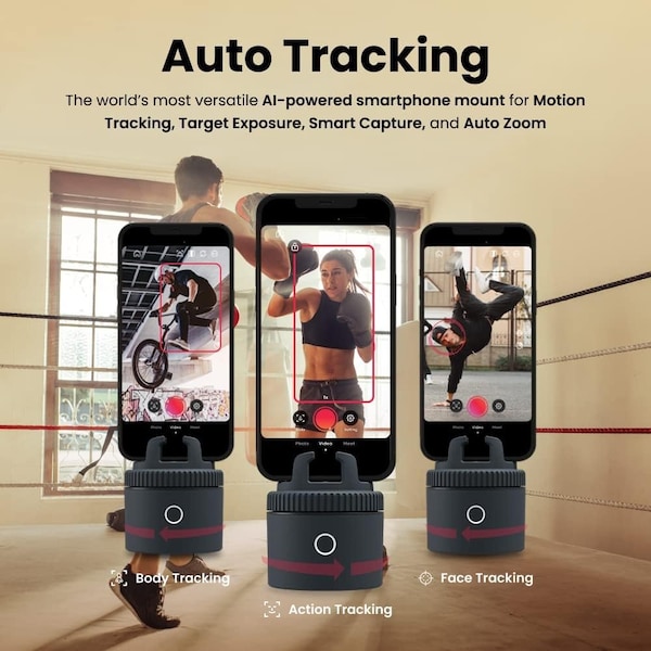 Pivo Pod Lite Fitness Tracking Phone Holder, Auto 360 deg. Rotation, Handsfree Video Recording - Gray - PV-P1L06