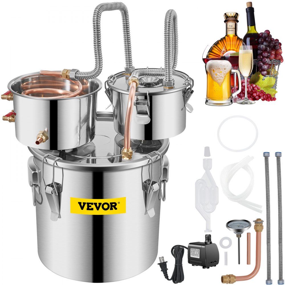 VEVOR Alcohol Still, 3 Gallon, Stainless Steel Alcohol Distiller with Copper Tube & Build-in Thermometer & Water Pump, Double Thumper Keg Home Brewing Kit, for DIY Whiskey Wine Brandy - ZLSJ3GALSLNTZLQDBV1