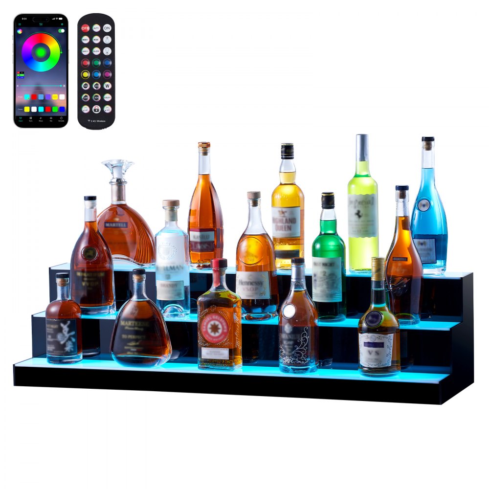 VEVOR LED Lighted Liquor Bottle Display, 3 Tiers 40 Inches, Illuminated Home Bar Shelf with RF Remote & App Control 7 Static Colors 1-4 H Timing, Acrylic Drinks Lighting Shelf for Holding 30 Bottles - ZTXJPLED340RFAVHOV1