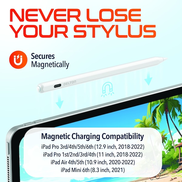 Delton Stylus Pen for iPad, Wireless Magnetic Charging -  White - AP7