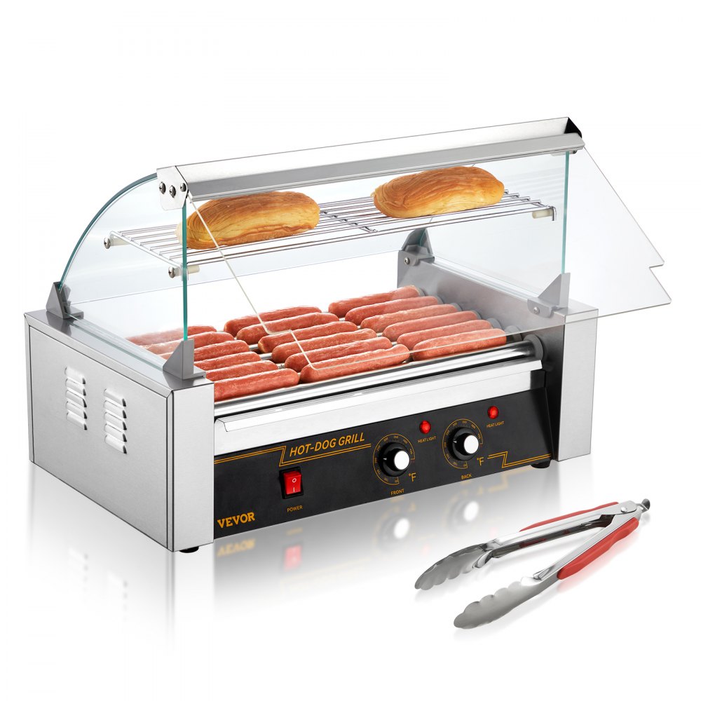 VEVOR Hot Dog Roller 7 Rollers 18 Hot Dogs Capacity 1050W Stainless Sausage Grill Cooker Machine with Dual Temp Control Glass Hood Acrylic Cover Bun Warmer Shelf Removable Oil Drip Tray, ETL Certified - GDSKCJG71400WJJY2V1